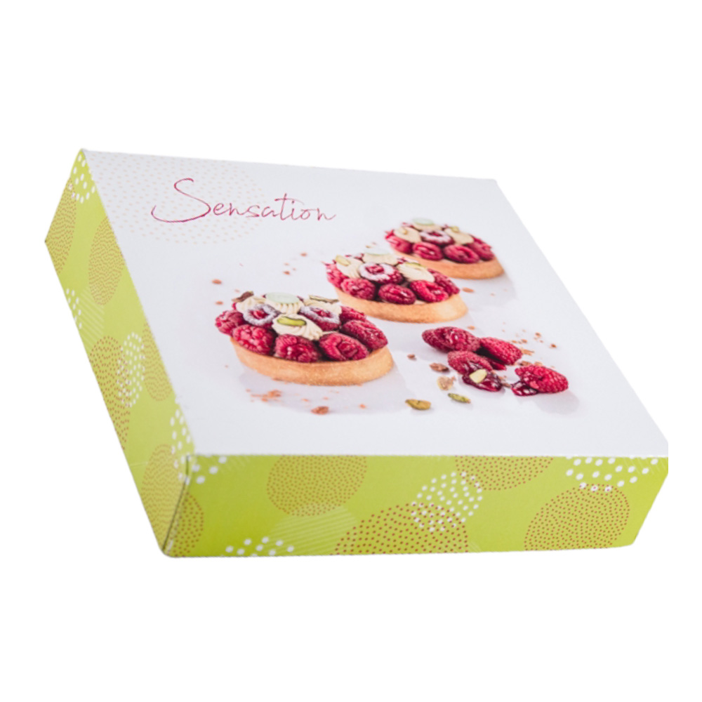 Boîte pâtissière blanche décorée en carton 23x23x5 cm