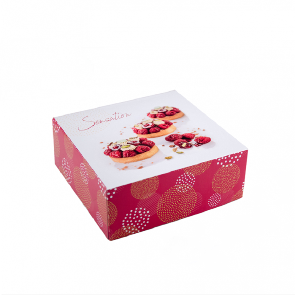 Boîte pâtissière blanche décorée en carton 23x23x8 cm